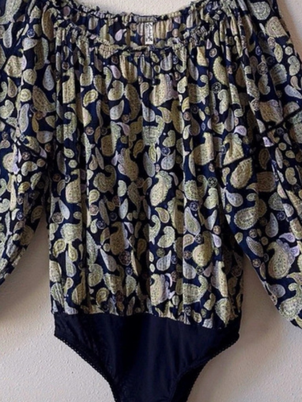 Free People Navy Paisley Off-Shoulder Bodysuit